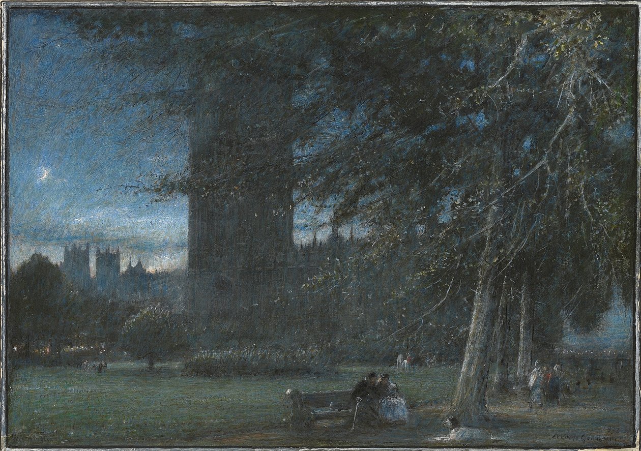 Figures sous le palais de Westminster au crépuscule - Albert Goodwin
