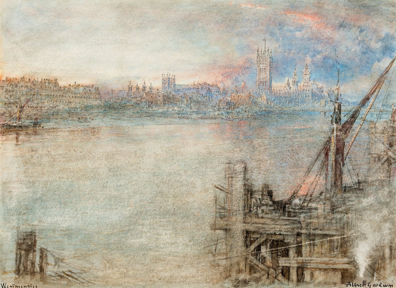 Westminster avec les Chambres du Parlement au coucher du soleil (plume  encre noire  aquarelle avec grattage sur papier) - Albert Goodwin