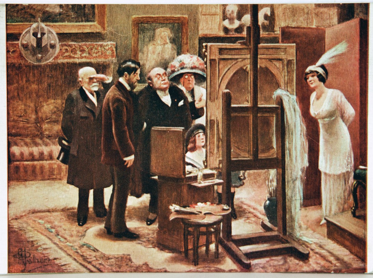 Art. Beaux-Arts. Peintre montrant sa création. Carte postale par Alfred Guillaume, France, vers 1920 - Albert Guillaume