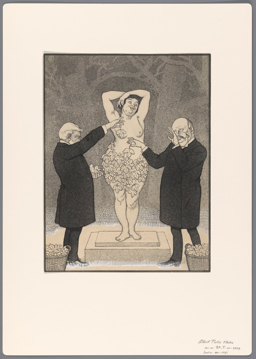 Esquisse pour une caricature politique : deux hommes couvrent une femme nue debout avec des feuilles de figuier - Albert Hahn (I)