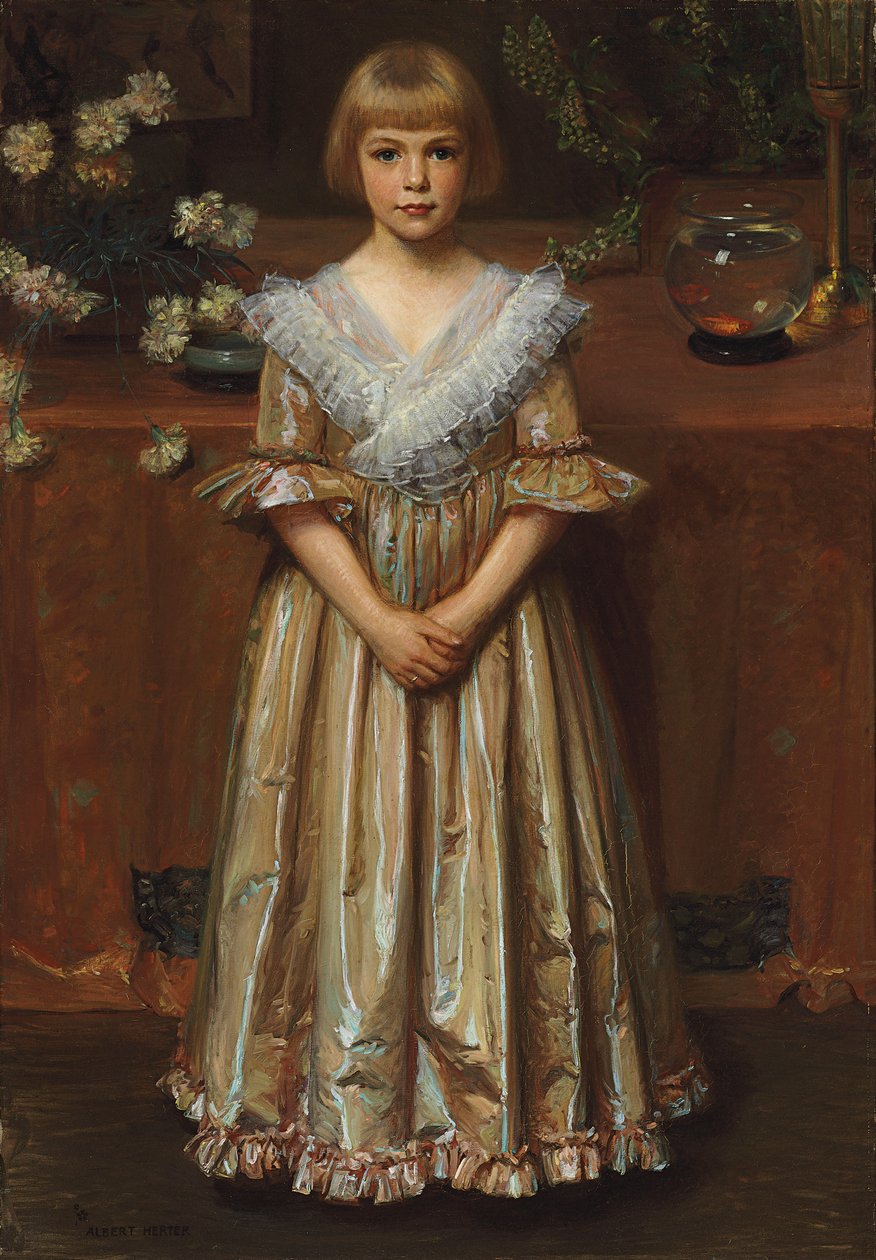 Fille avec un bocal à poissons rouges - Albert Herter