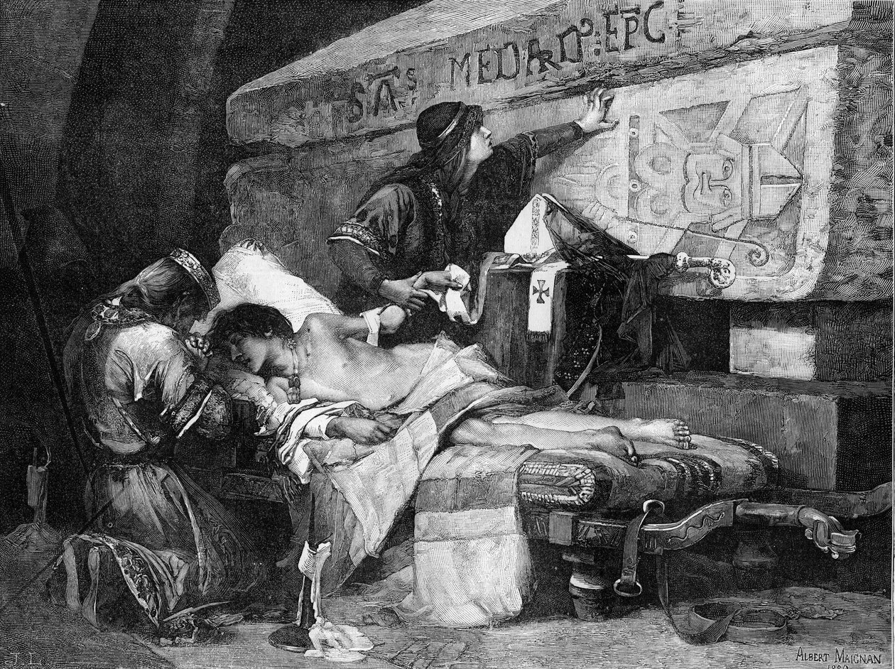 Le dernier moment de Chlodobert (ou Clodebert mort en 580). "Frédégonde et Chilpéric Ier placèrent leur fils sur une civière près du tombeau de Saint Médard mais le malade tomba en agonie..." Gravure d