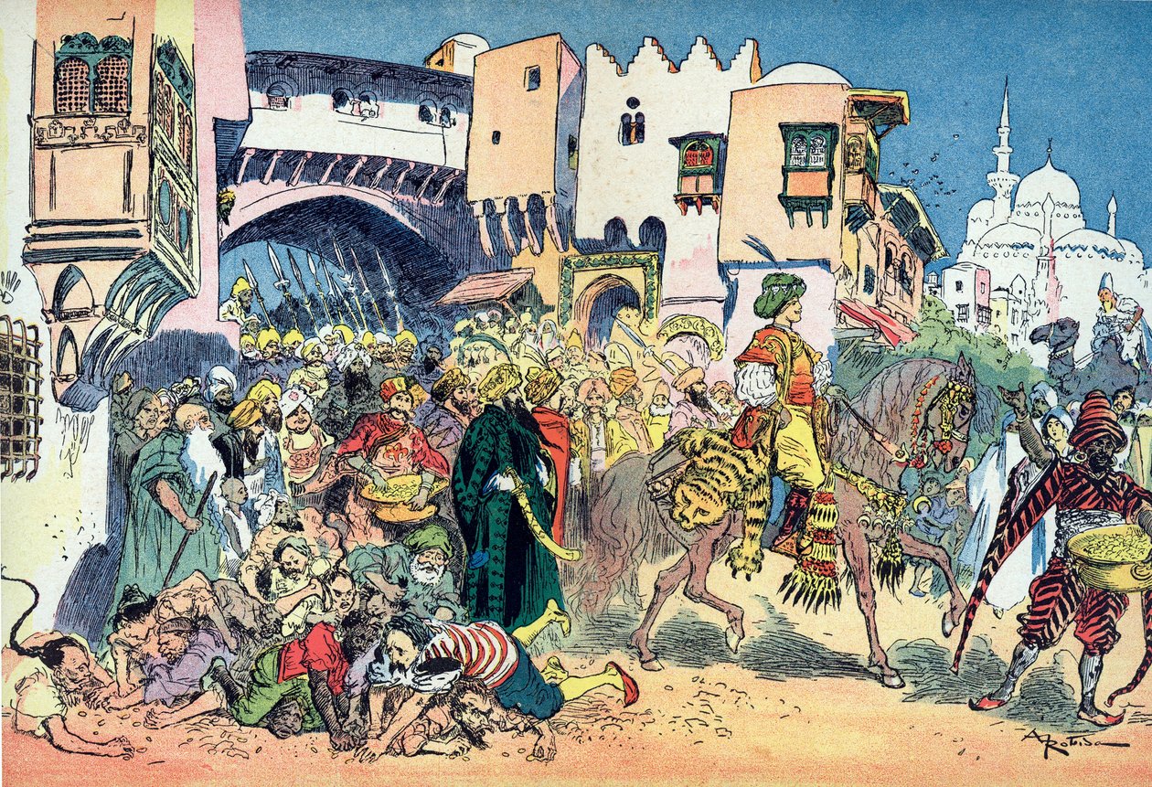 Aladin traversant les rues de la ville et jetant de l