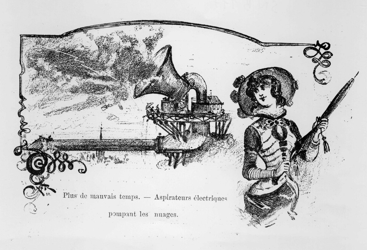 Anticipation : aspirateurs électriques pompant les nuages pour éviter le mauvais temps - dans « Le 20e siècle » par A. Robida - Albert Robida