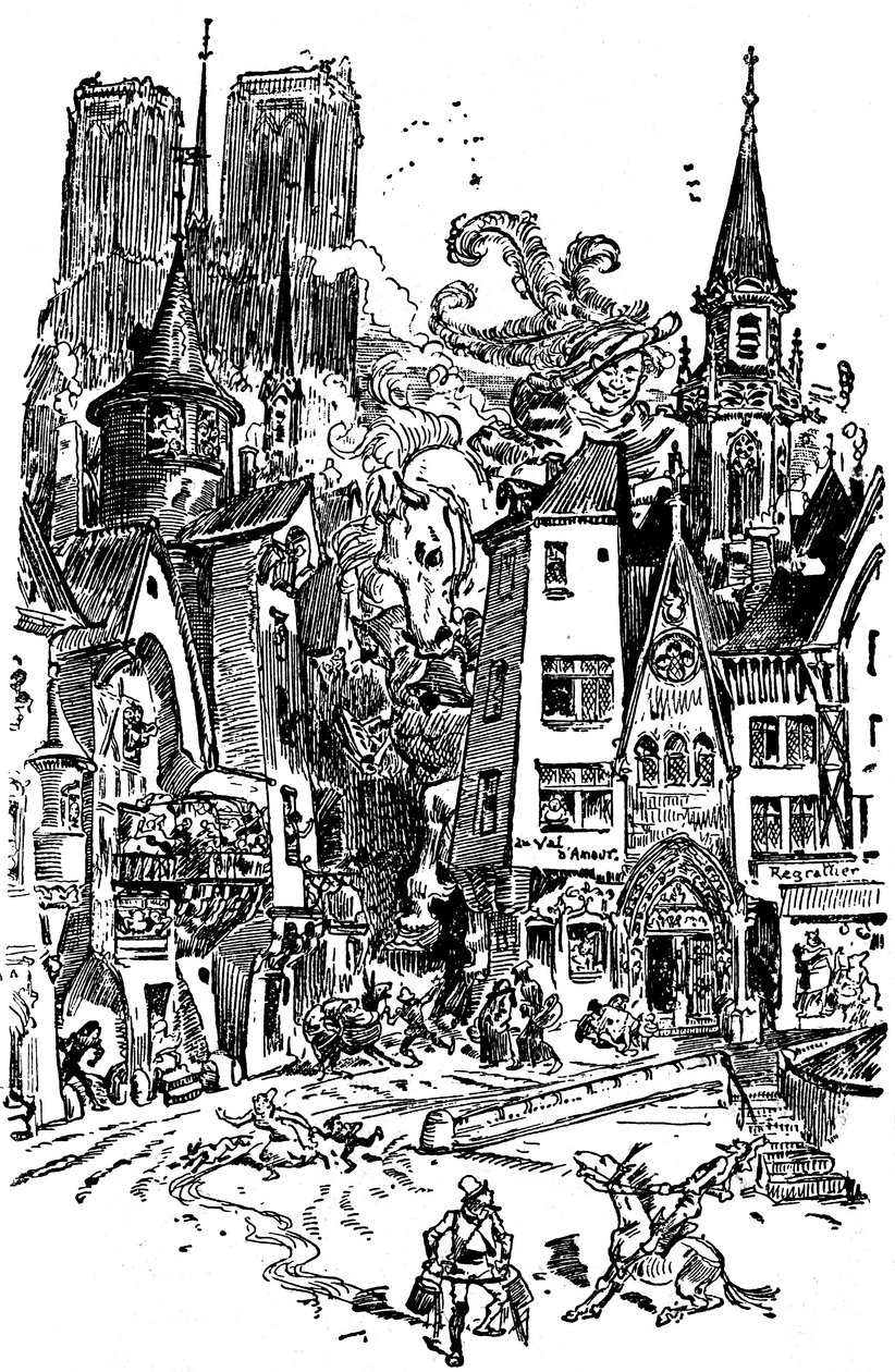 Le géant Gargantua traverse Paris, semant la panique et la destruction sur son passage. Il apprend à cracher sur la Cathédrale Notre-Dame de Paris, dont les tours en arrière-plan se distinguent. Avec ce crachat, plus de 3000 Parisiens seront noyés ! - Albert Robida