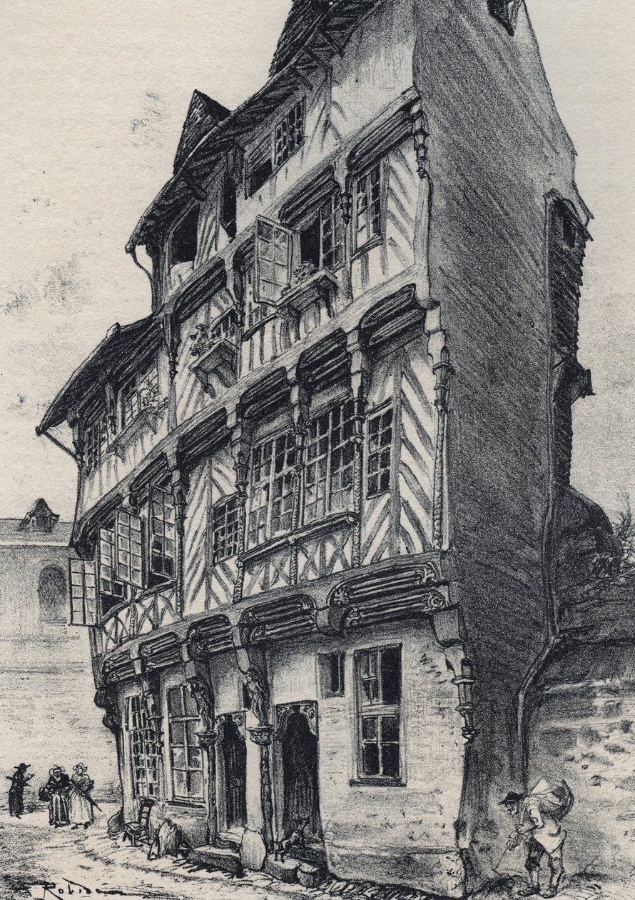Maison rue Saint Guillaume à Rennes - Vieille France - Bretagne - texte, dessins et lithographies, par Albert Robida (1848-1926) fin du XIXe siècle - Albert Robida