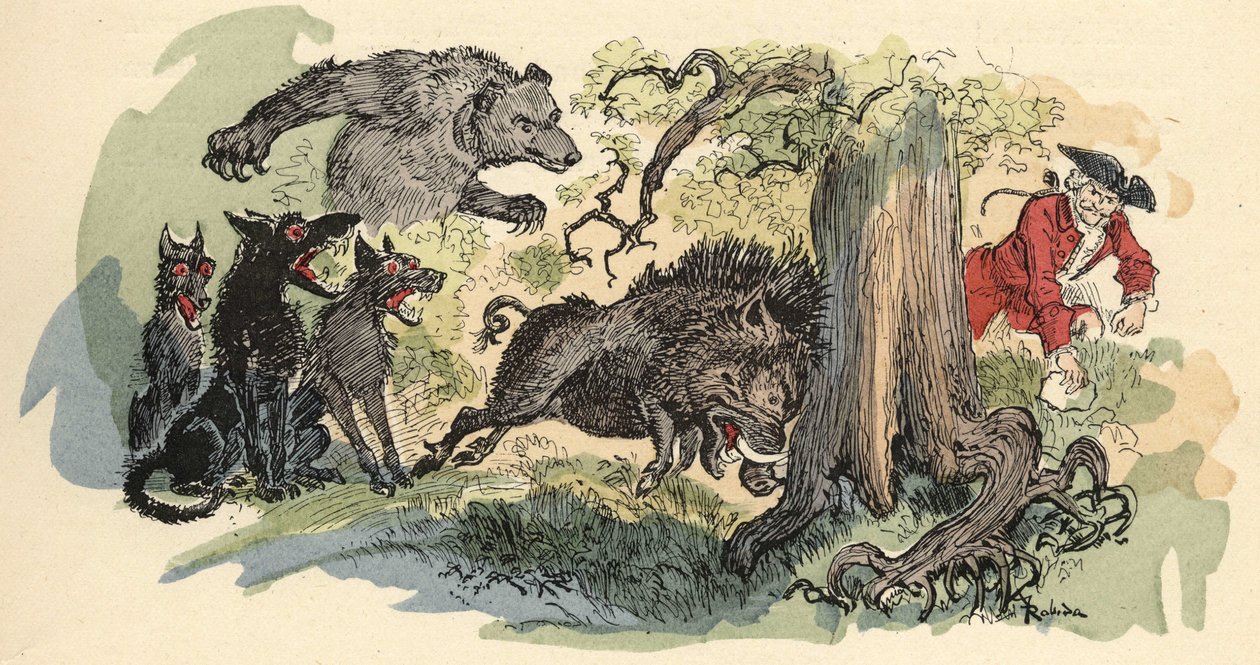 Illustration par Albert Robida dans « Histoire et Aventures du Baron de Munchausen » (Munchhausen), H. Laurens Ed., fin du XIXe siècle. - Albert Robida