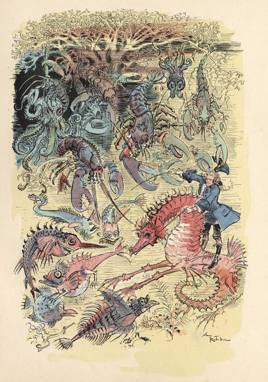Illustration par Albert Robida dans "Histoire et Aventures du Baron de Munchausen" (Munchhausen), H. Laurens Ed., fin du 19ème siècle. - Albert Robida