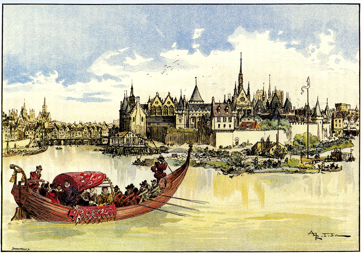 Le roi Henri III posant la première pierre du Pont Neuf sur la Seine à Paris, le 31 mai - Albert Robida