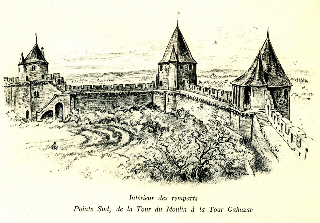 Cité médiévale de Carcassonne (Aude, Languedoc, Pays Cathare) - Intérieur des remparts, pointe sud, de la tour du Moulin à la tour Cahuzac - emplacement du Théâtre de plein air - gravure romantique par Albert Robida (1848-1926) dans un livre publié au débu - Albert Robida