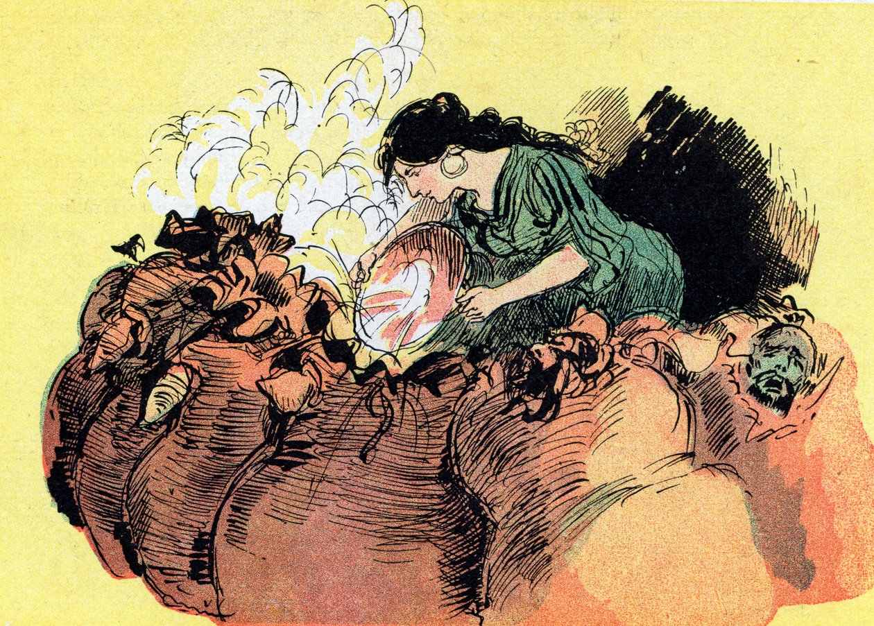 Morgiana tue 37 voleurs cachés dans des jarres (dessin) - Albert Robida