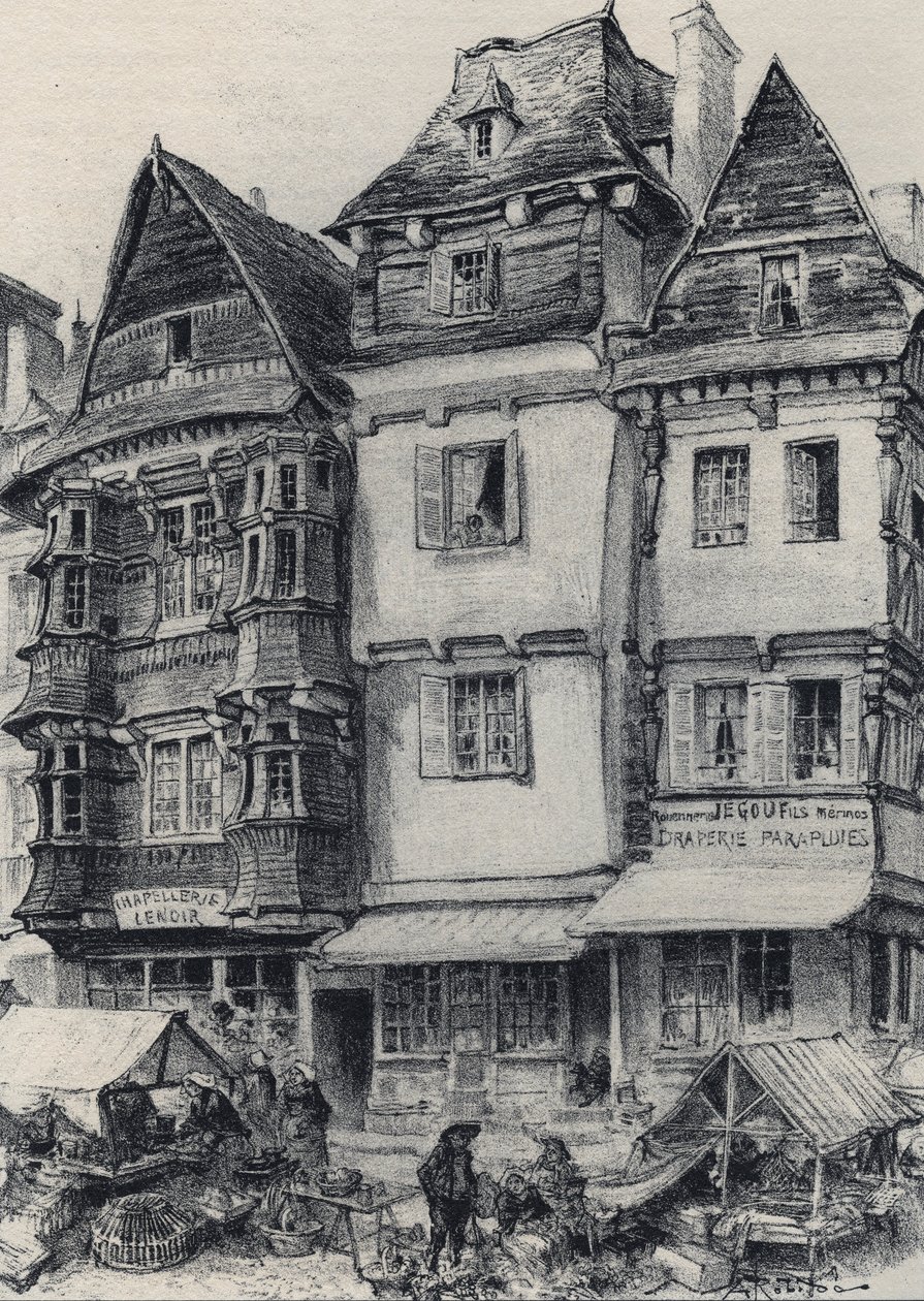 Place du marché à Lannion - La vieille France - Bretagne - texte, dessins et lithographies, par Albert Robida (1848-1926) fin 19ème siècle - Albert Robida