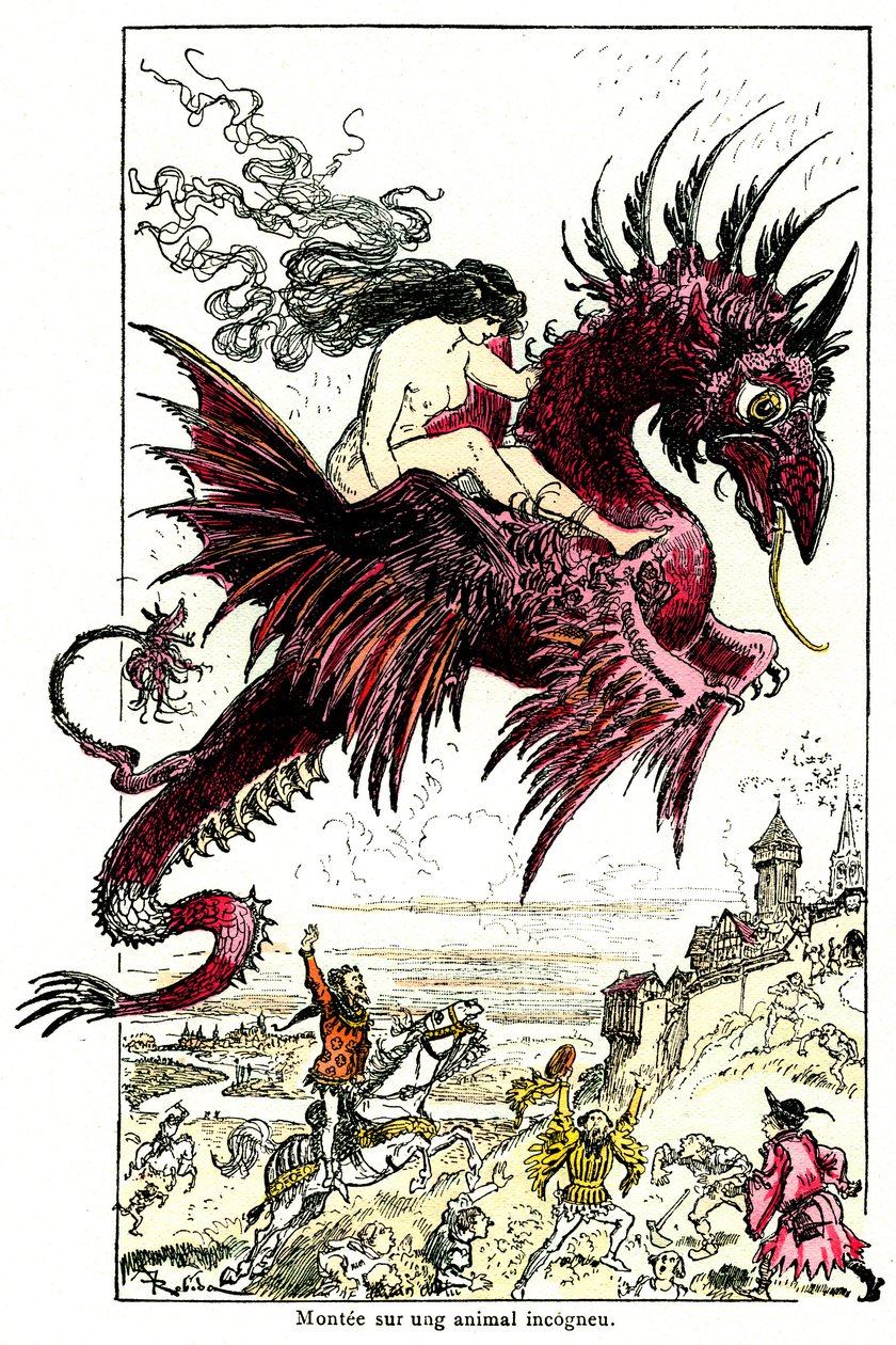 Succube : démon femelle chevauchant un dragon - illustration par Albert Robida pour les Contes Drolatiques d