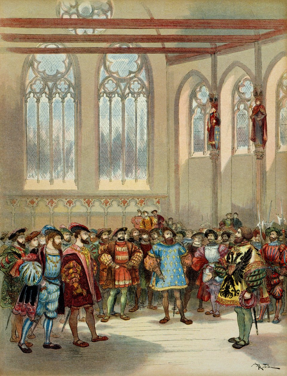 Le héraut de Bourgogne, envoyé par Charles V (1500-1558), reçu par François I (1494-1547) dans la grande salle du Parlement à Paris, première moitié du XVIe siècle. Illustration - Albert Robida