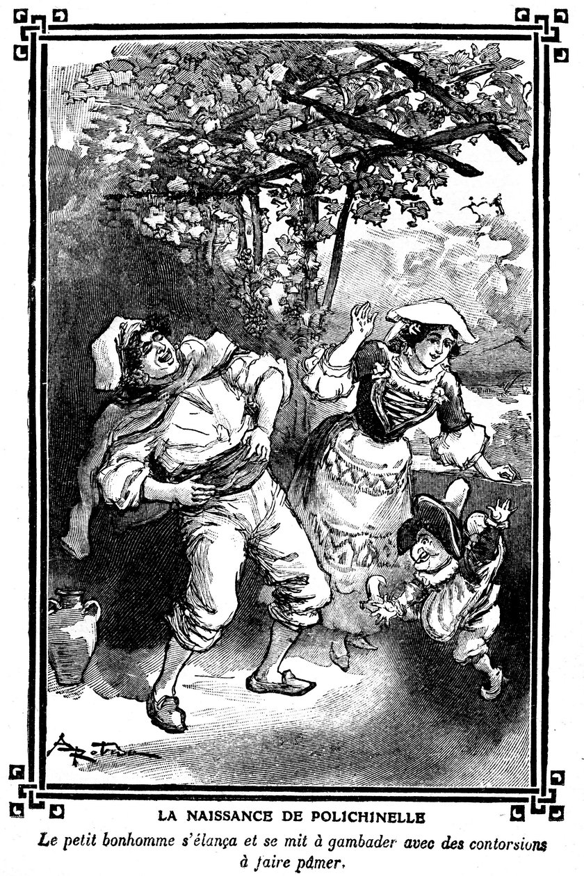 La naissance de Polichinelle. Dessin par Albert Robida (1848-1926) dans un livre de lectures pour enfants 1920-1930 - Albert Robida