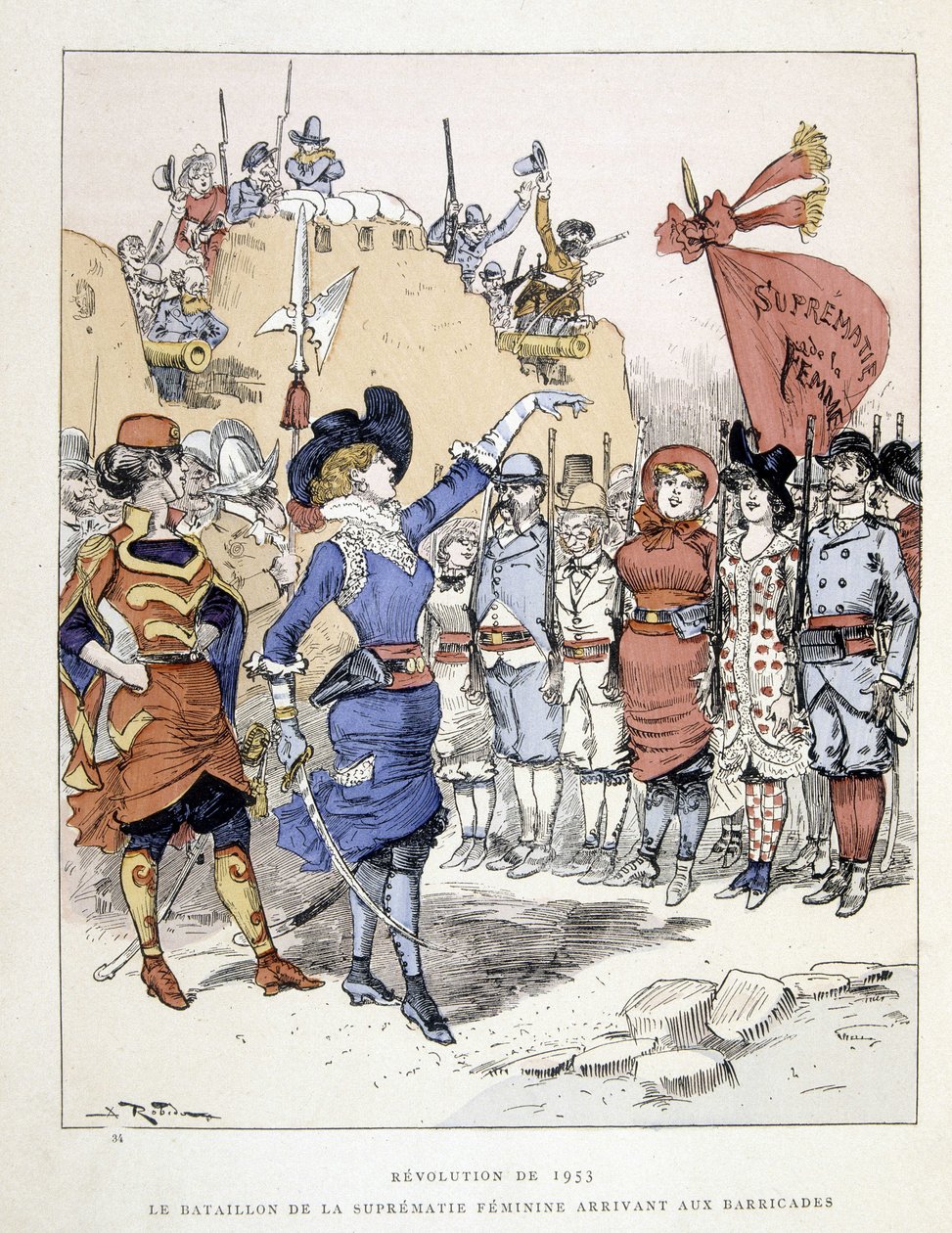 La révolution de 1953 : le bataillon de la suprématie féminine arrivant aux barricades - dans "Le 20e siècle" par Robida - Albert Robida