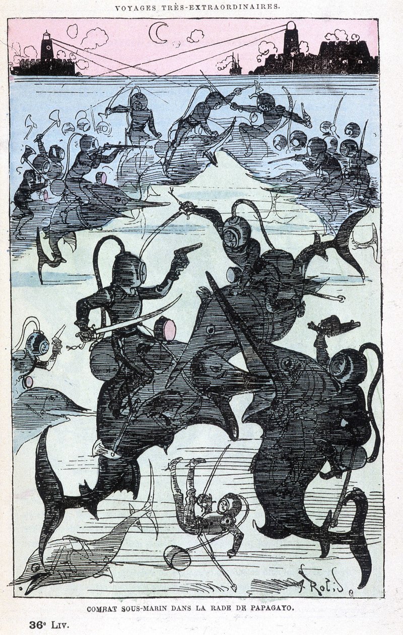 Combat sous-marin dans la baie de Papagayo (scaphandriers chevauchant des poissons), parodie de Jules Verne, "Voyages très extraordinaires de Saturnin Farandoul dans 5 ou 6 parties du monde et dans tous les pays connus ou inconnus de M. Jules Verne" par Ro - Albert Robida
