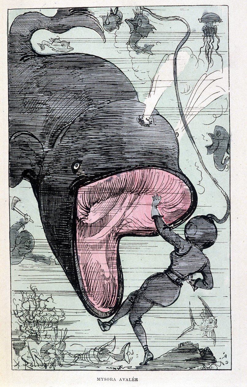 Femme dans un scaphandre avalée par une baleine, parodie de Jules Verne, "Voyages très extraordinaires de Saturnin Farandoul dans 5 ou 6 parties du monde et dans tous les pays connus ou inconnus de M. Jules Verne" par Robida, Paris - Albert Robida