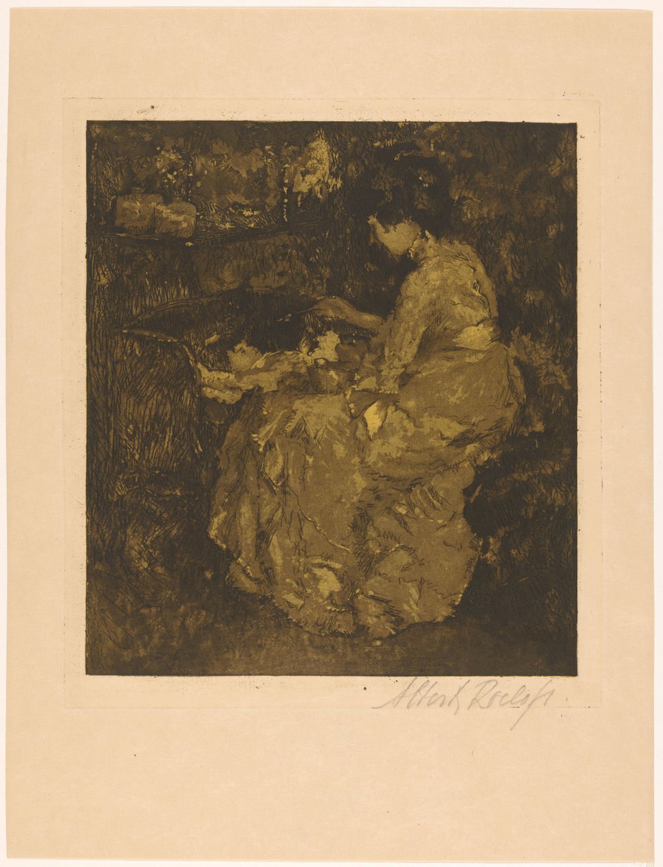 Femme nourrissant un enfant dans un berceau - Albert Roelofs (signed by artist)