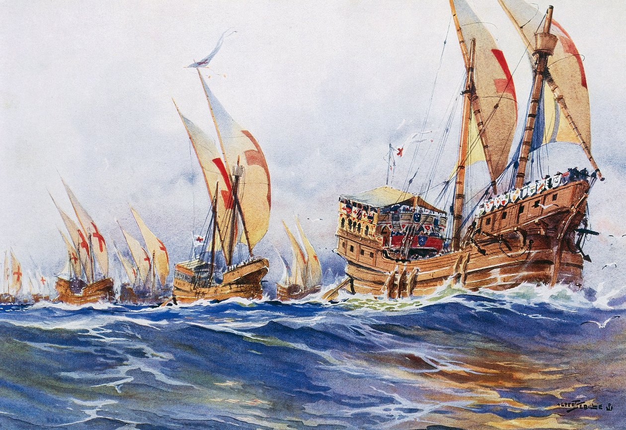 Navires français du roi Louis IX pendant la huitième croisade en 1268, aquarelle d