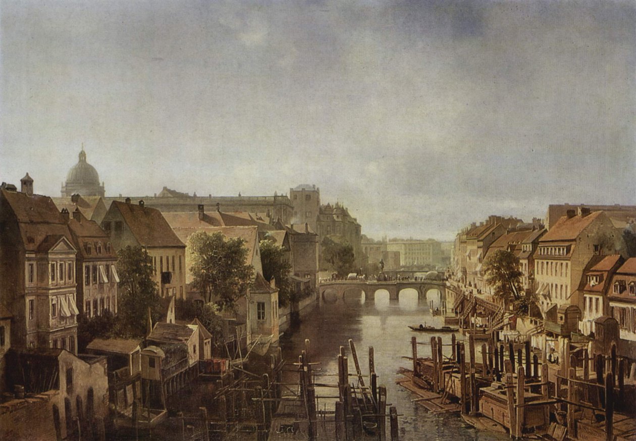 Vue des moulins royaux du Mühlendamm sur le Lange Brücke à Berlin - Albert Schwendy