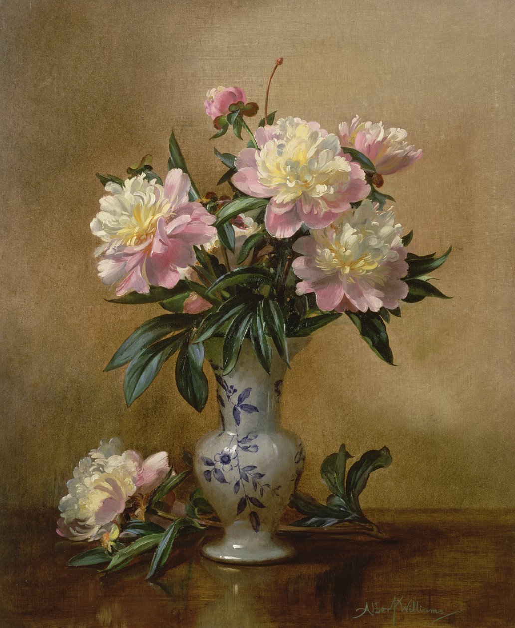 Pivoines dans un vase bleu et blanc - Albert Williams