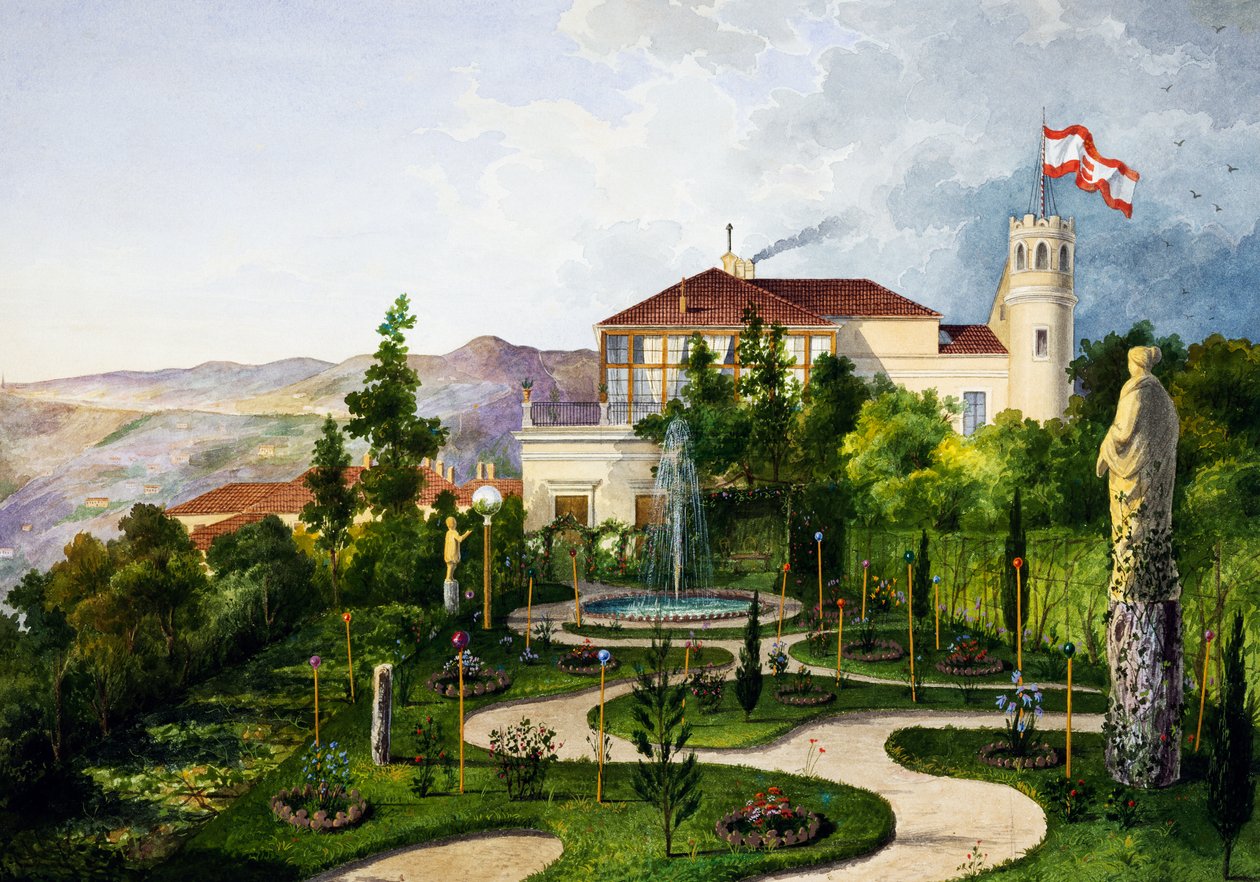 Extérieur avec jardin, sud-ouest de la Villa Lazzarovic résidence de Trieste de Maximilien de Habsbourg (1832-1867) - Alberto Prosdocini or Prosdocimi