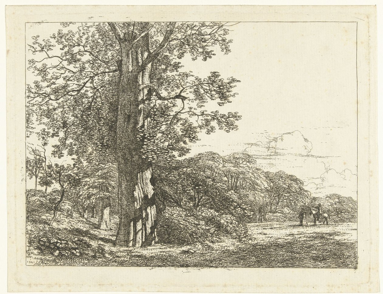 Paysage avec grand hêtre et cavalier parlant avec un homme - Albertus Brondgeest