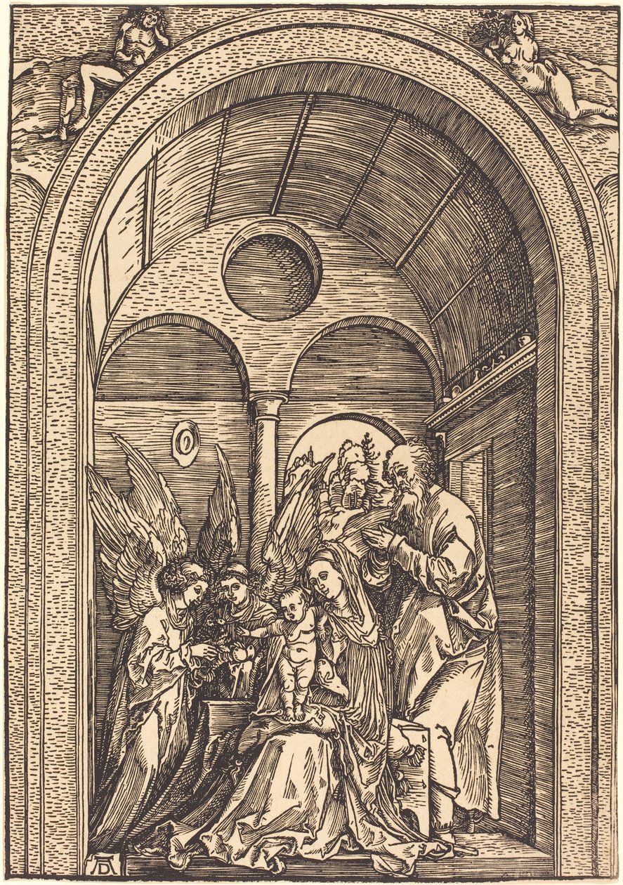 La Sainte Famille avec deux anges dans une salle voûtée - Albrecht Dürer
