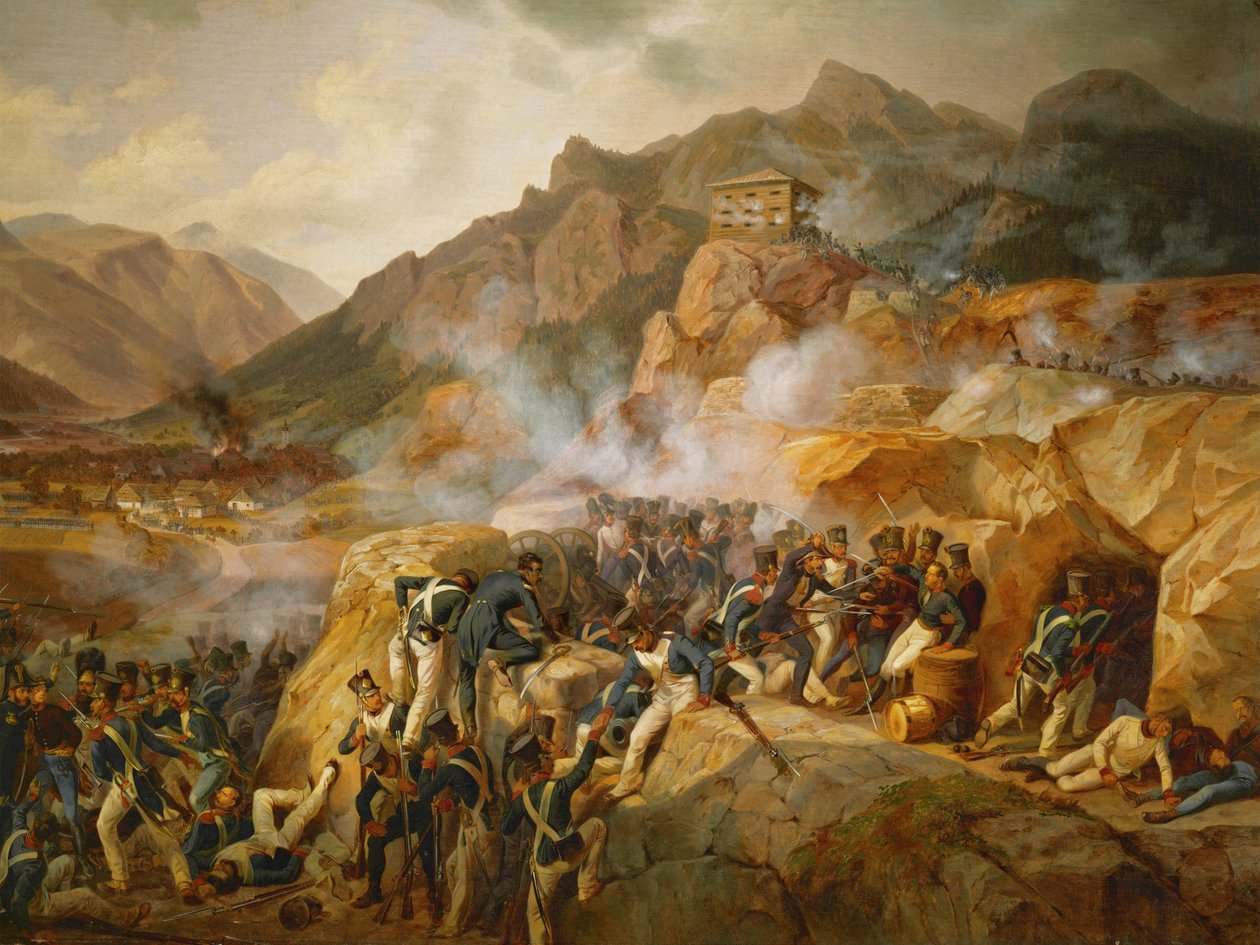 Les troupes de Napoléon attaquent le blockhaus autrichien de Malborget, Tyrol du Sud ... (huile sur toile) - Albrecht Adam
