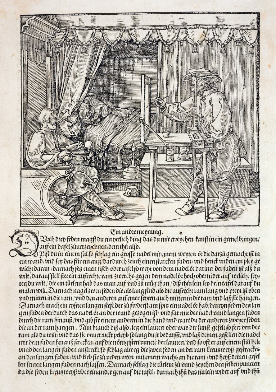 Artiste utilisant la machine à dessiner de Dürer pour peindre une figure, de 