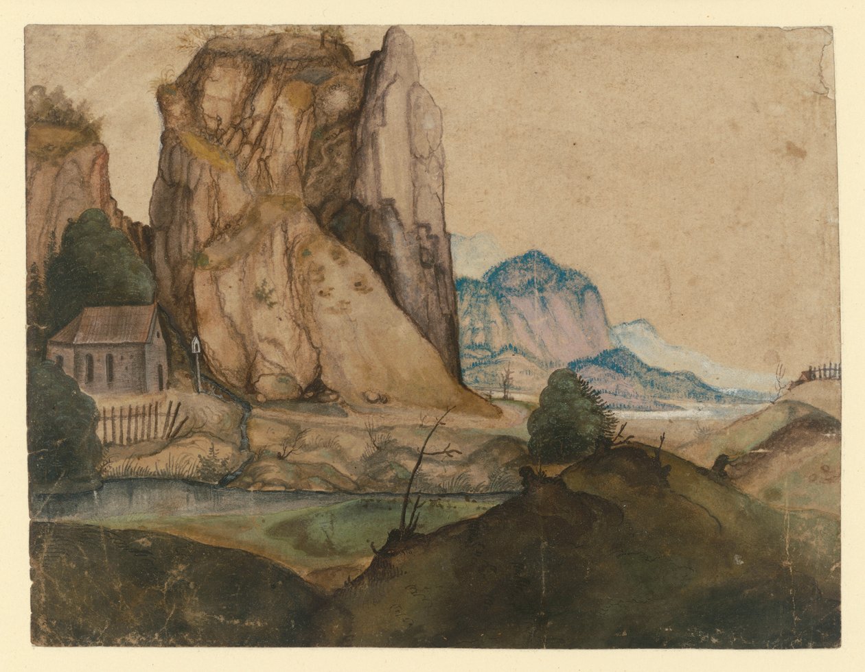 Paysage vallonné avec une chapelle nichée au pied de hauts rochers - Albrecht Dürer