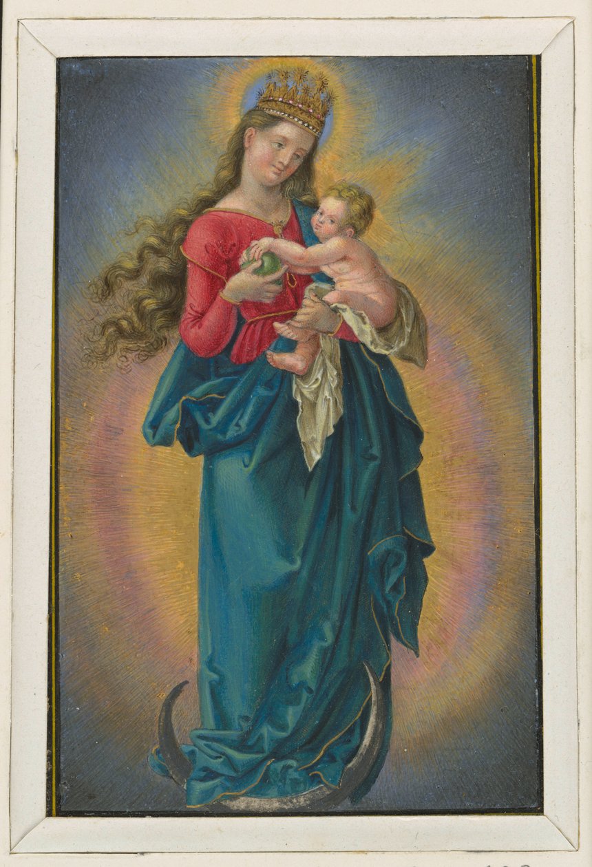 Marie sur le croissant de lune, couronnée d