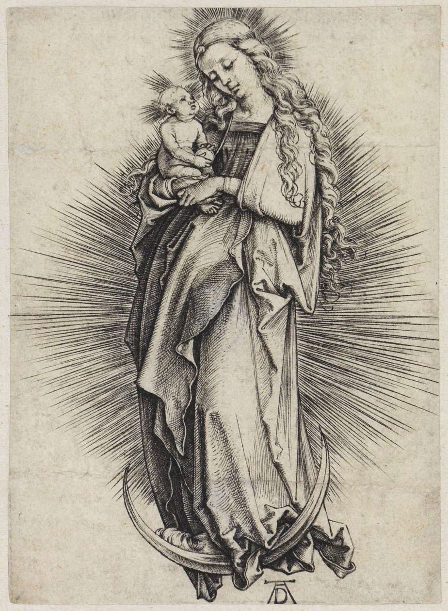 Marie aux longs cheveux sur le croissant de lune - Albrecht Dürer
