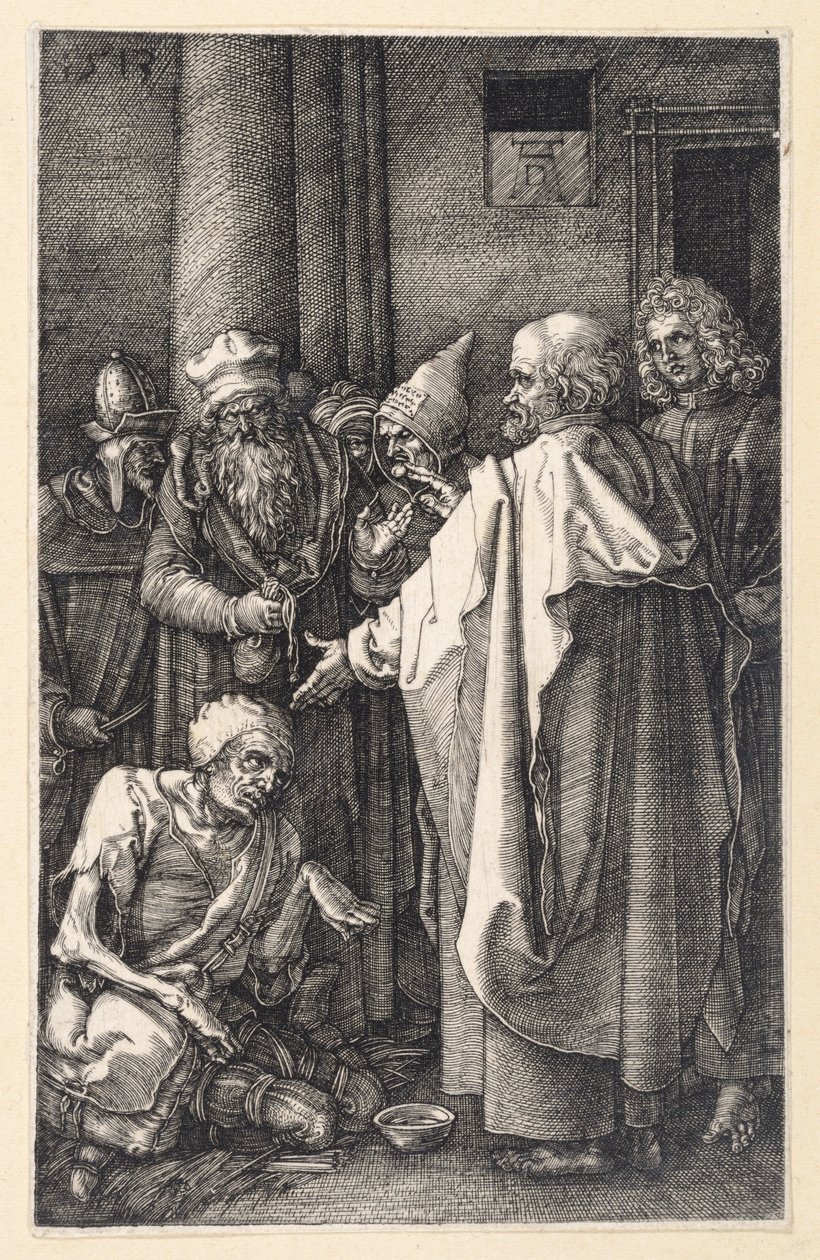 Pierre et Jean guérissant un mendiant boiteux dans le Temple (Passion gravée) - Albrecht Dürer