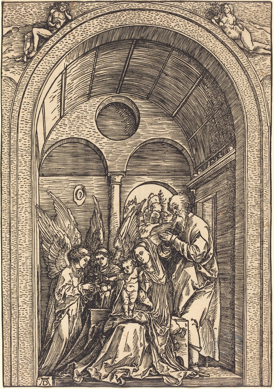 La Sainte Famille avec deux anges dans une salle voûtée - Albrecht Dürer