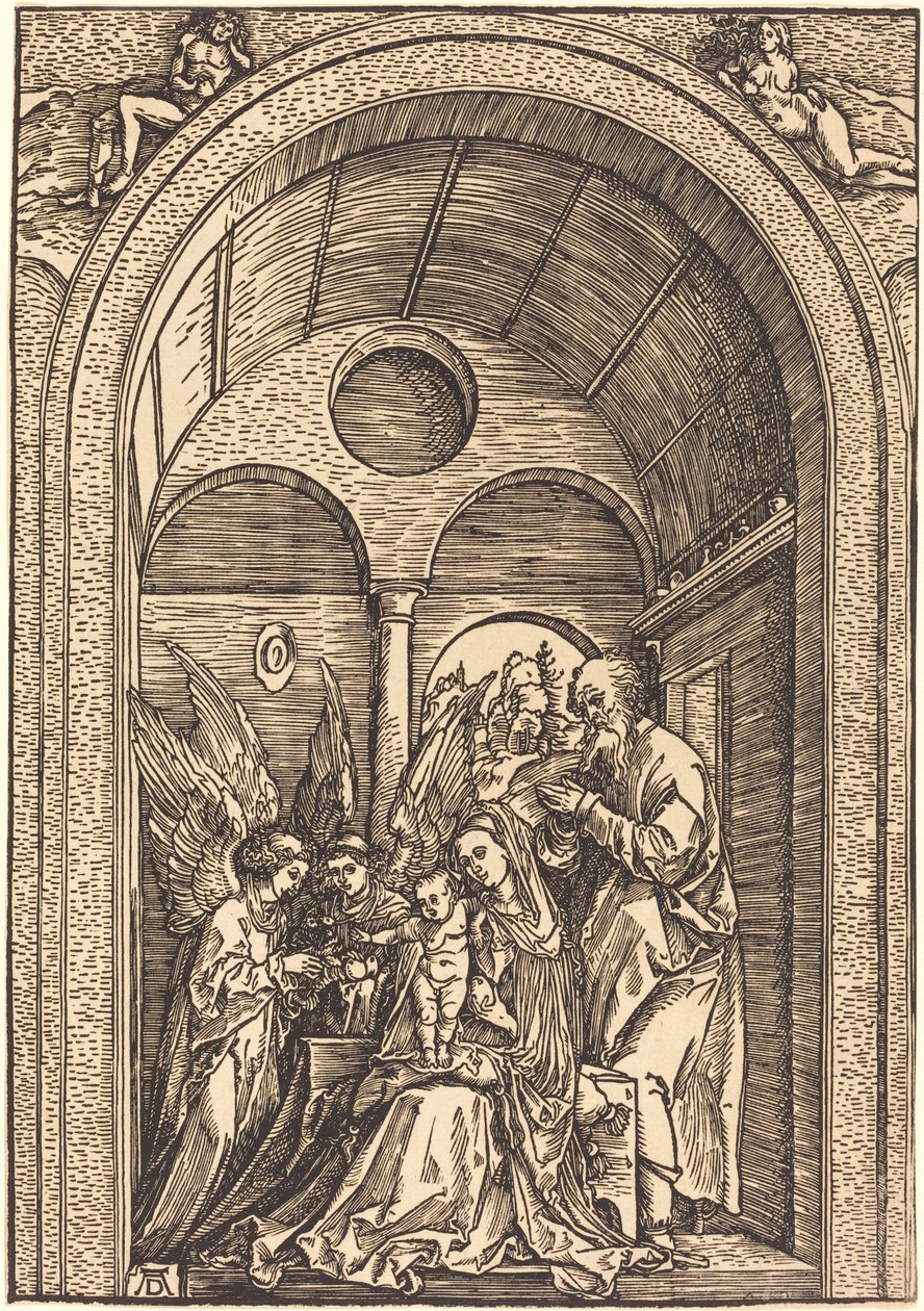 La Sainte Famille avec deux anges dans une salle voûtée - Albrecht Dürer