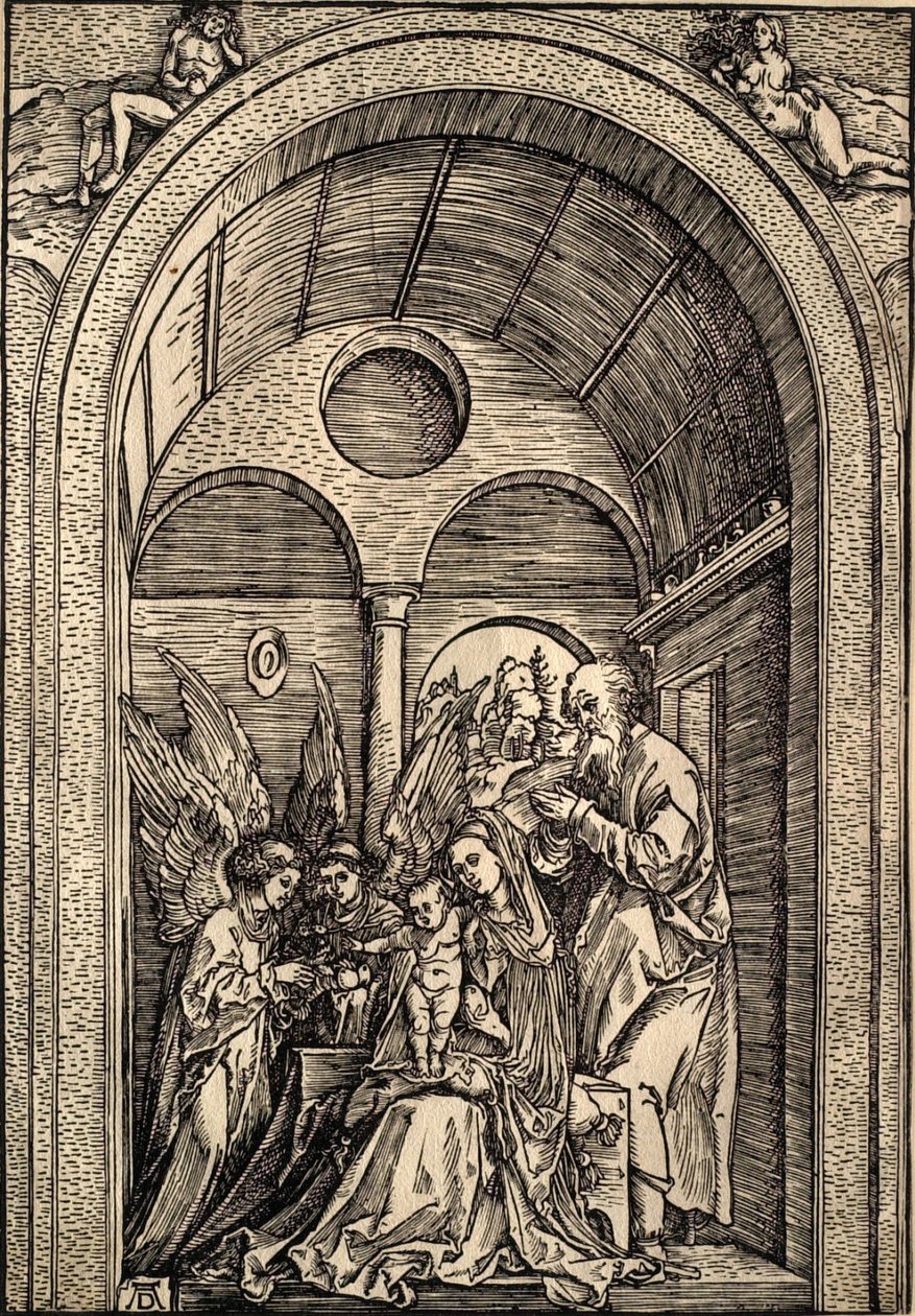 La Sainte Famille avec deux anges dans une salle voûtée - Albrecht Dürer