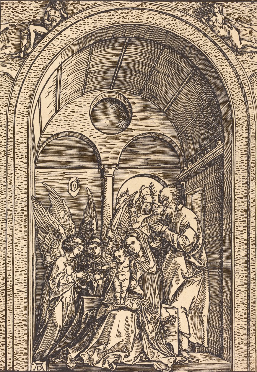 La Sainte Famille avec deux anges dans une salle voûtée - Albrecht Dürer