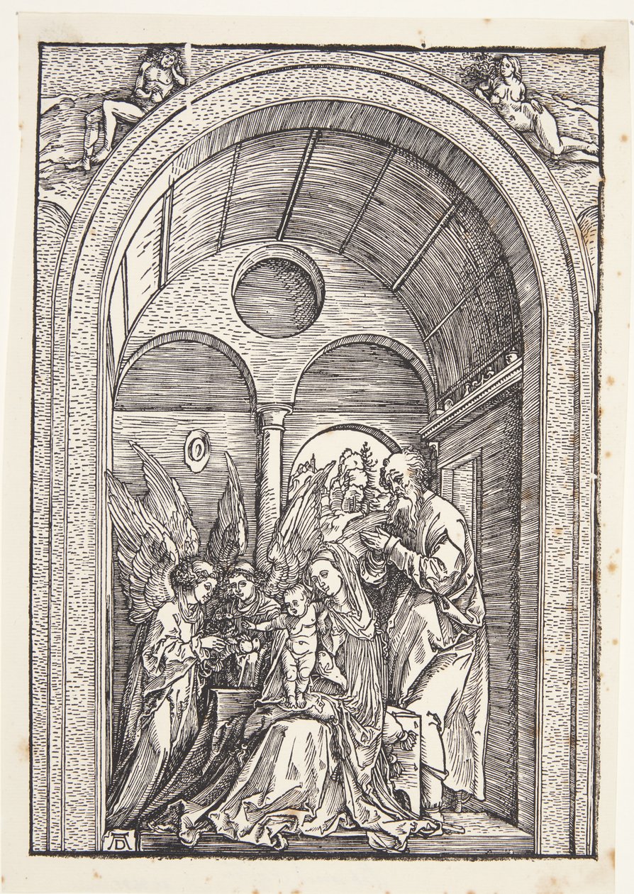La Sainte Famille avec deux anges dans une salle voûtée - Albrecht Dürer