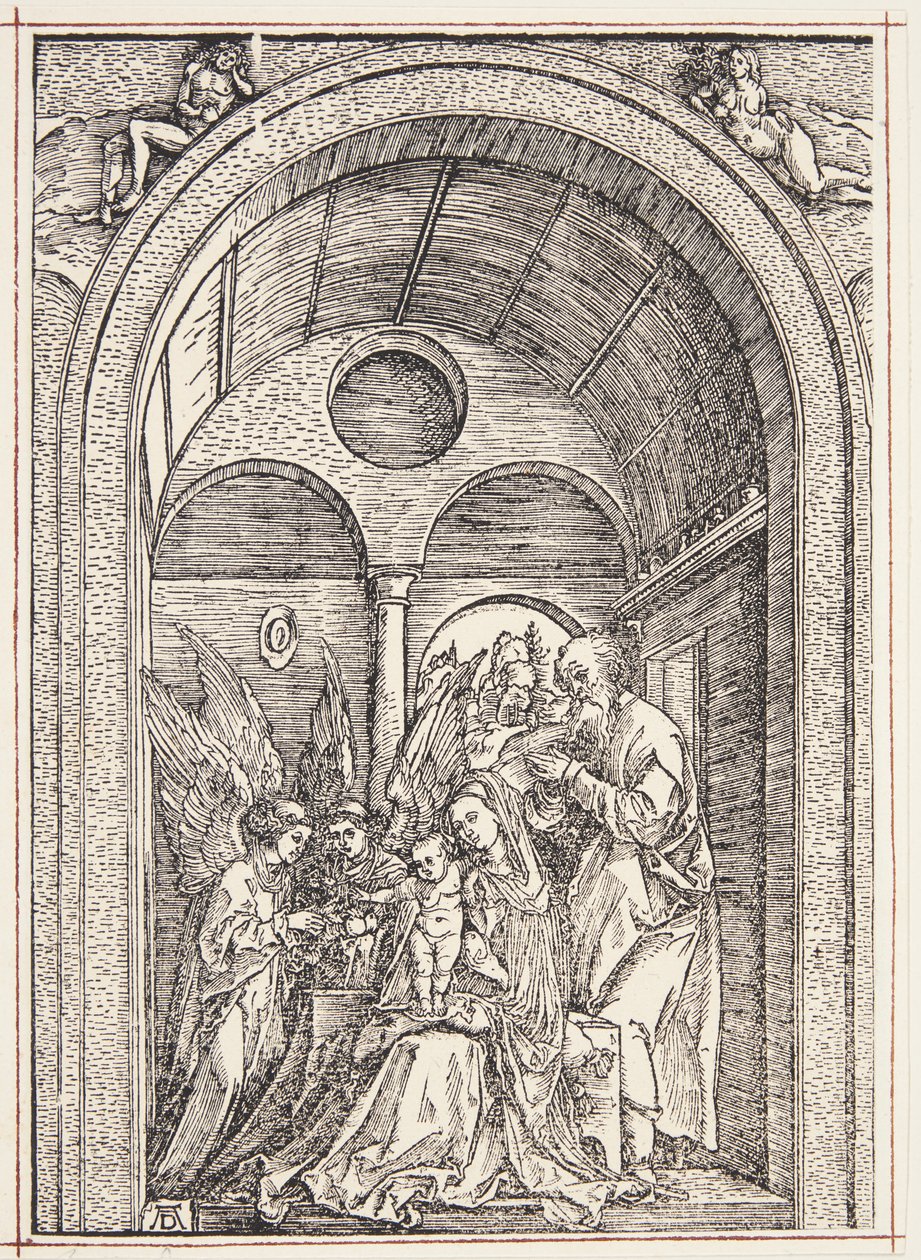 La Sainte Famille avec deux anges dans une salle voûtée - Albrecht Dürer