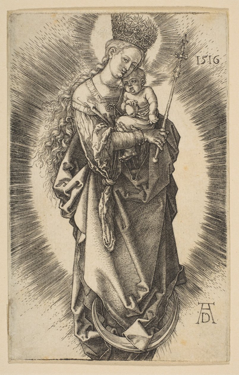 La Vierge sur le croissant, tenant un sceptre et coiffée d