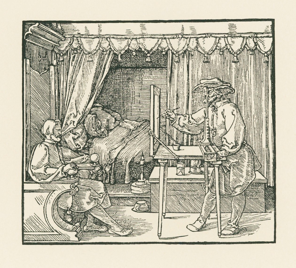 Un artiste dessinant un homme assis sur un plan de verre à travers un hublot. - Albrecht Dürer or Duerer