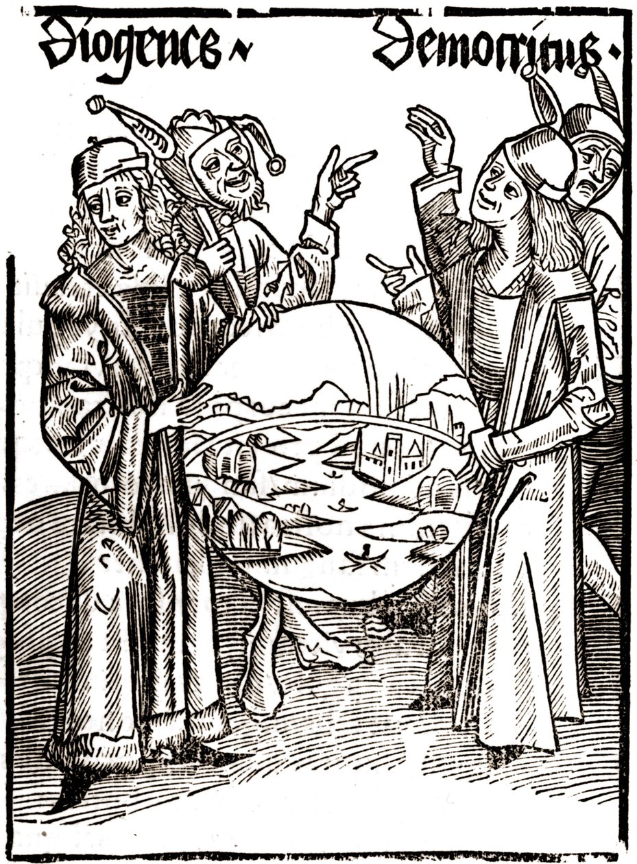 Diogène (-413 - -327) et Démocrite (-460 - -370) - dans « Das Narrenschiff (Le bateau des fous) » de Sébastien Brandt (1458 - 1521). Gravure. - Albrecht Dürer