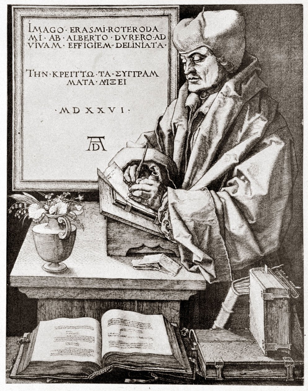 Érasme à son écriture - gravure par Albrecht Dürer reproduite au début du 20e siècle - Albrecht Dürer