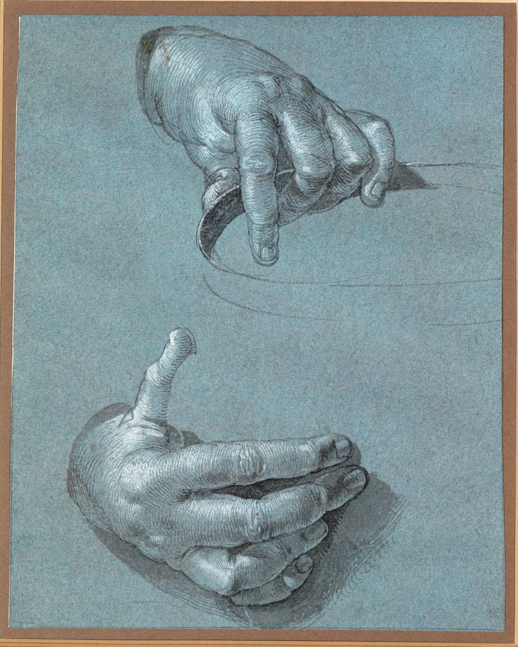 Mains - Deux études (dessin à la craie sur papier bleu) - Albrecht Dürer or Duerer