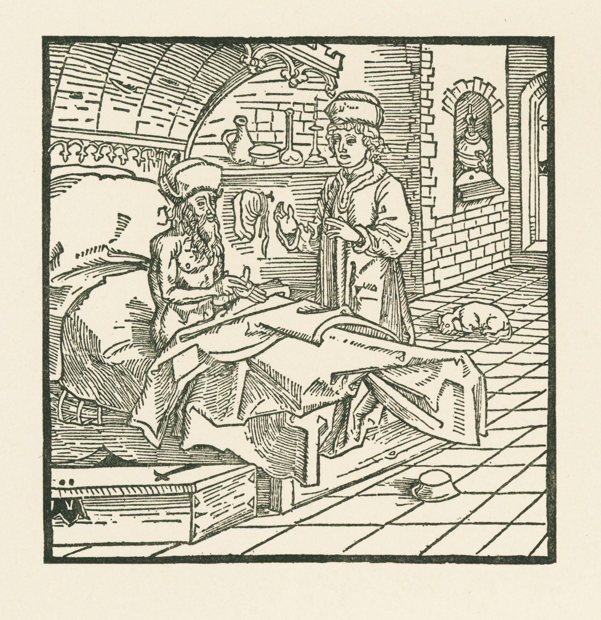 Maître Caton, sur son lit de mort, donne de bonnes instructions à son fils - Albrecht Dürer or Duerer