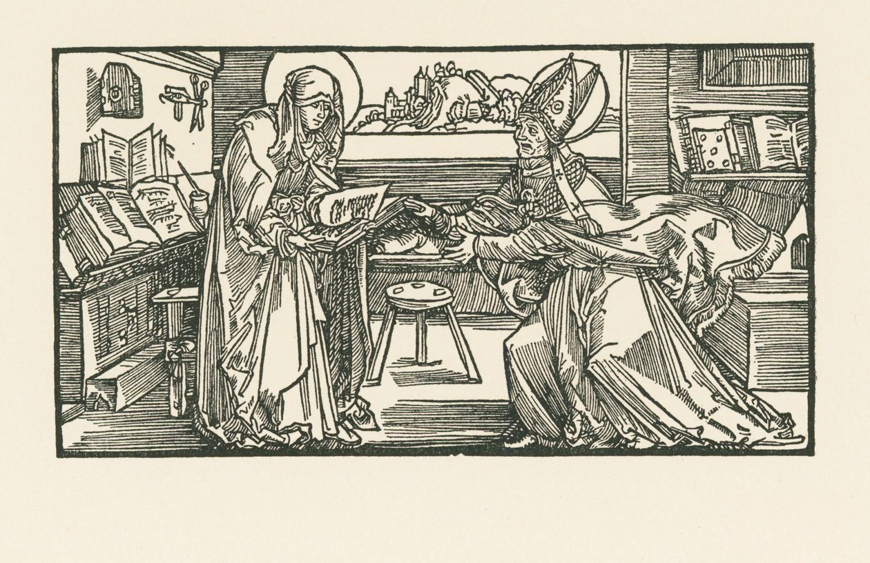 Sainte Birgitta dans sa chambre remettant son œuvre à un évêque - Albrecht Dürer or Duerer