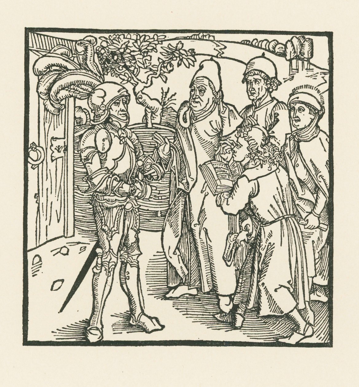 Le chevalier charge deux scribes et deux prêtres de compiler ce livre. - Albrecht Dürer or Duerer