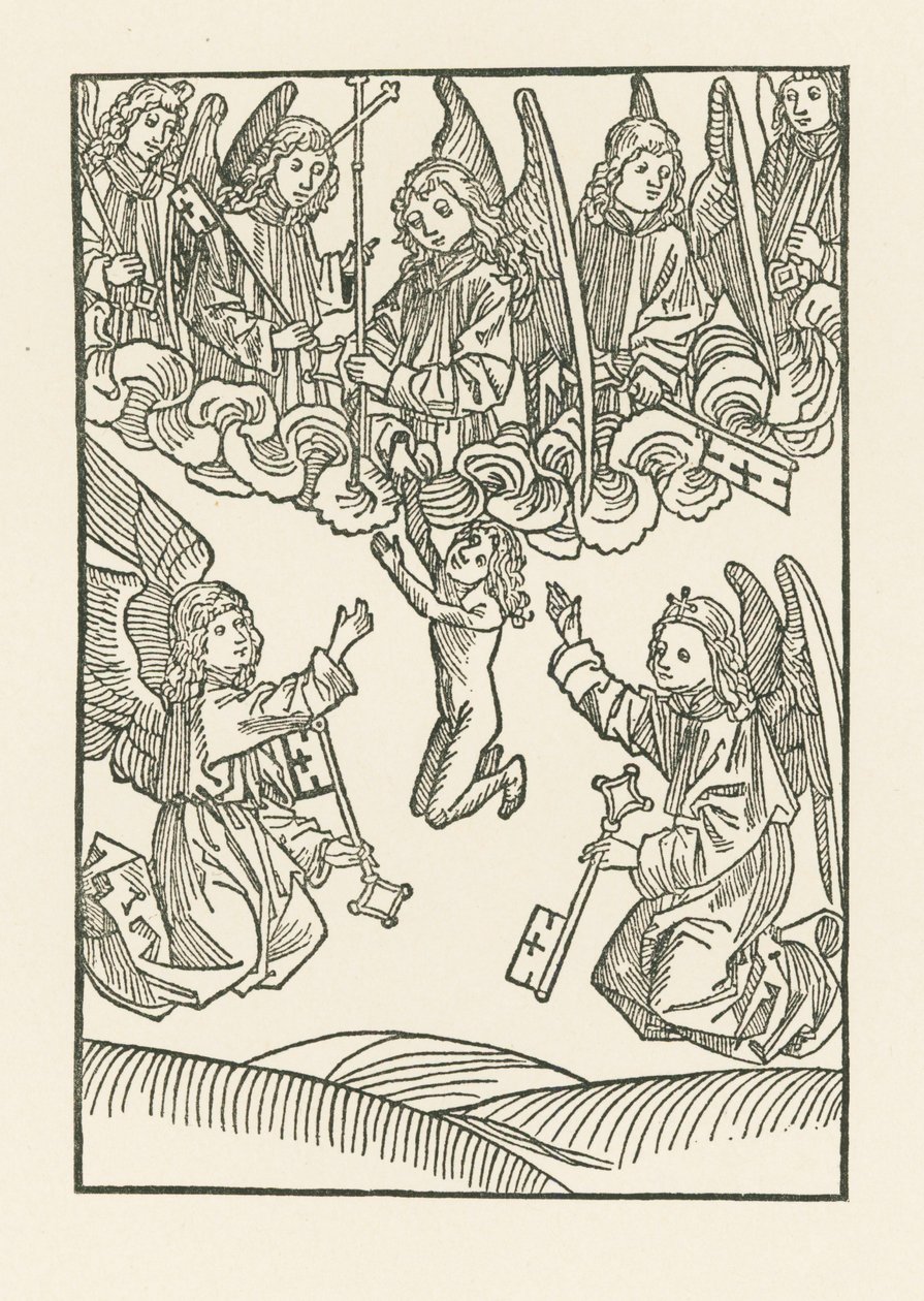 Les sept anges portant une croix et les six clés, avec lesquelles ils ont ouvert le ciel aux six œuvres de miséricorde, reçoivent une âme au ciel. - Albrecht Dürer or Duerer